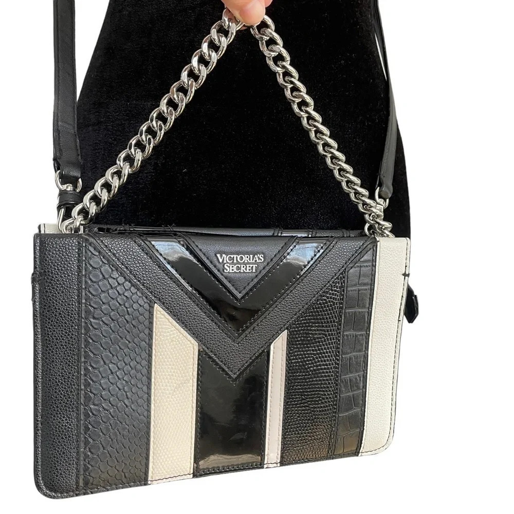 Victorias Secret Python Stripe Black White Crossbody Clutch Purse Chain